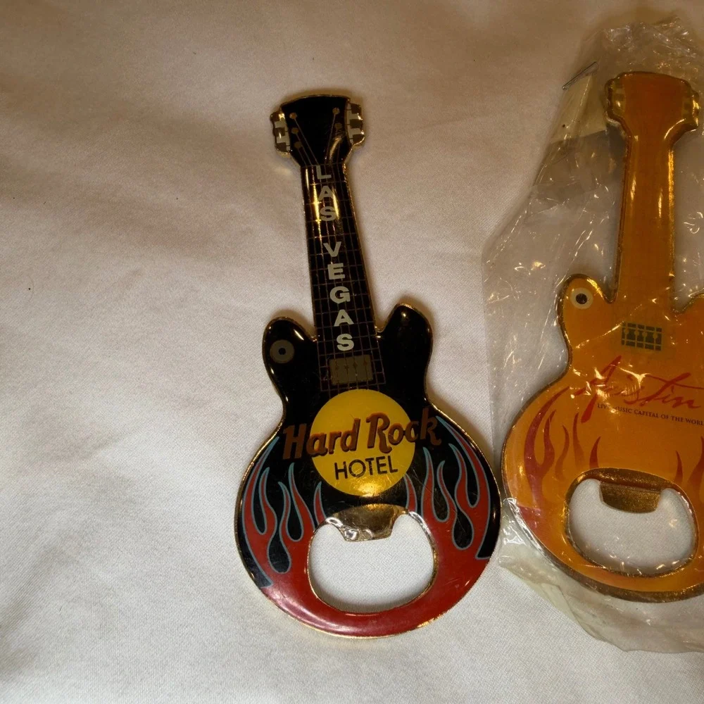 Hard Rock Hotel Las Vegas & Austin Guitar Bottle Opener Set Flame Music Souvenir